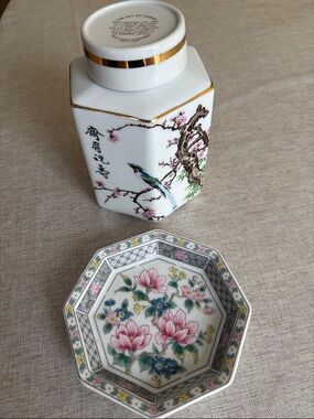 Vintage Japanese Porcelain Decorative Tea Canister and Floral Dish